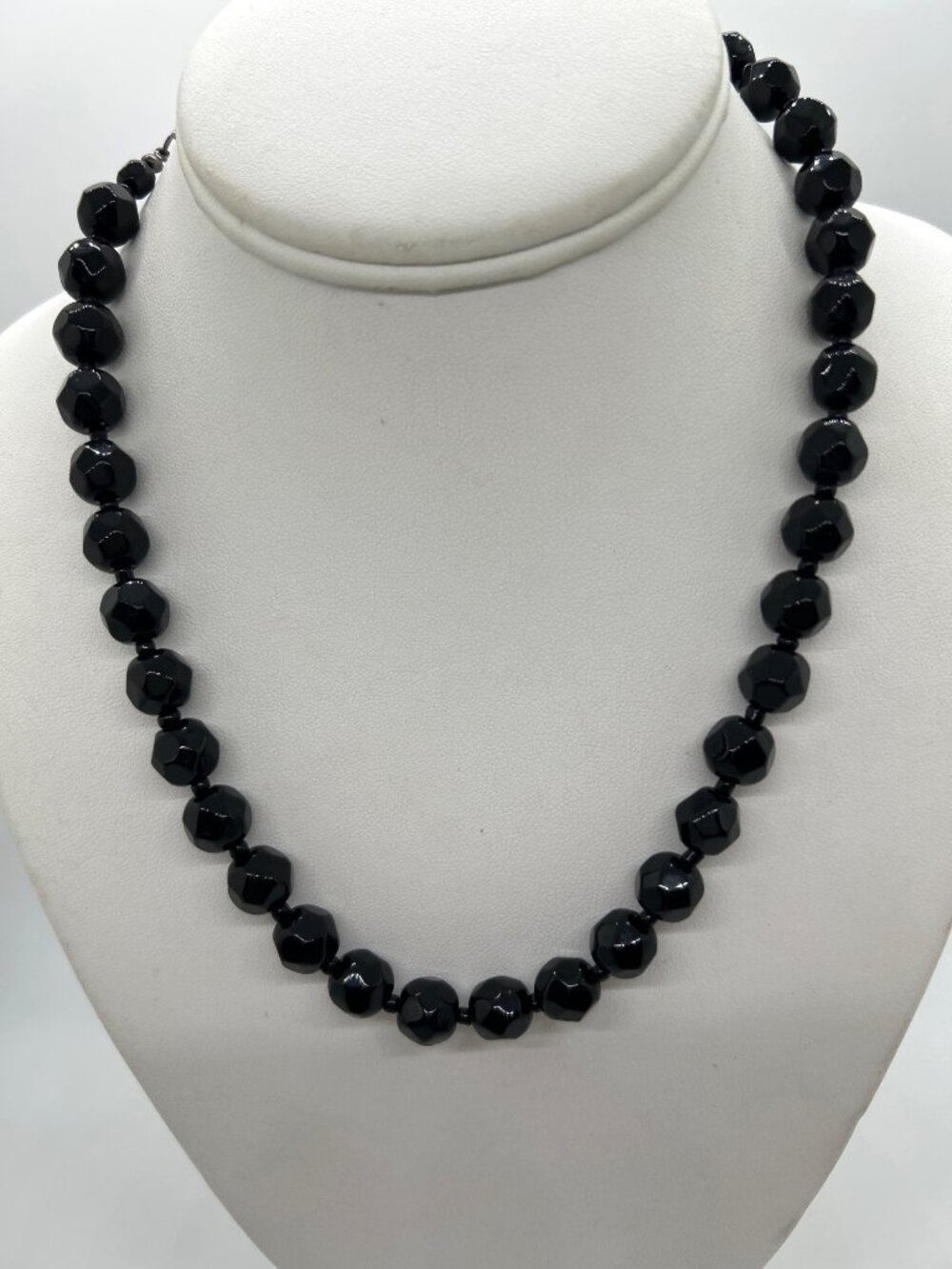 Vintage Black Glass Bead Necklace Facet Graduated Strand Retro Choker Hook Clasp